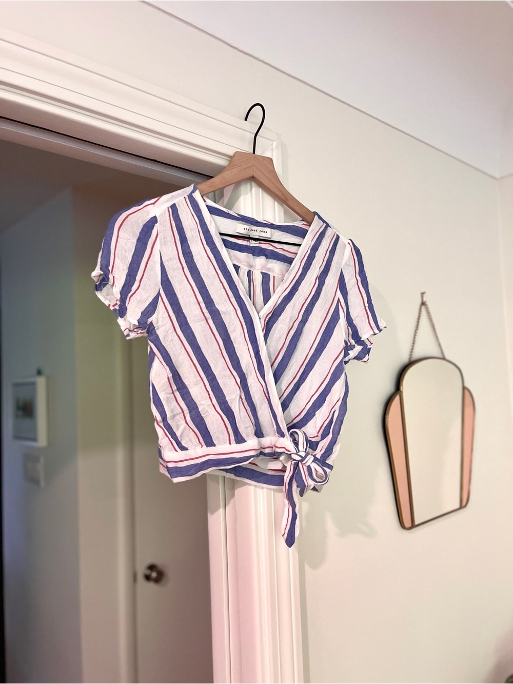 The Good Jane- Linen-Blend Blue & White Striped Tie-Front Top